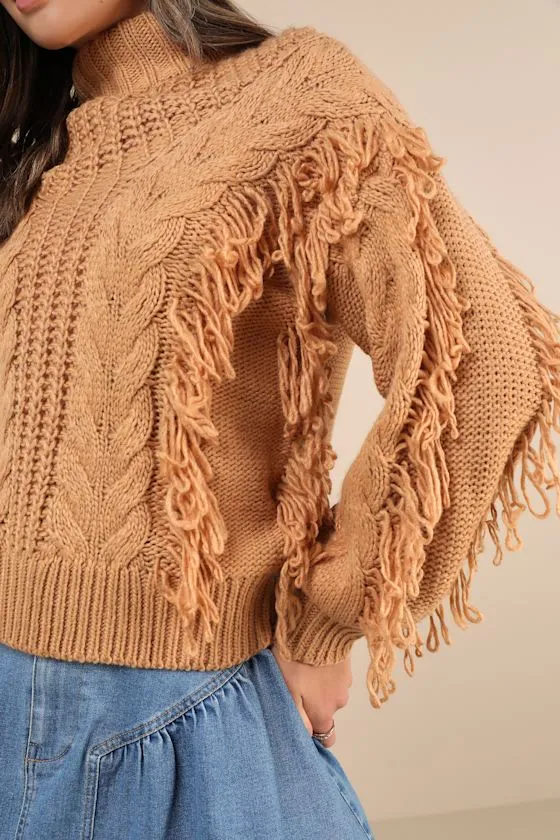 Wintertime Fave Tan Fringe Cable Knit Sweater sold by Lulus product image thumbnail 4