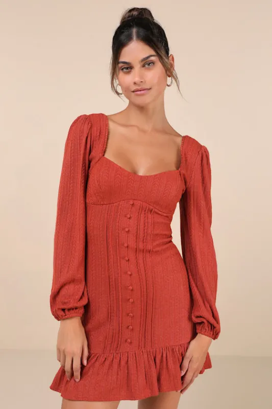 Coveted Sweetness Rust Pointelle Knit Long Sleeve Mini Dress sold by Lulus