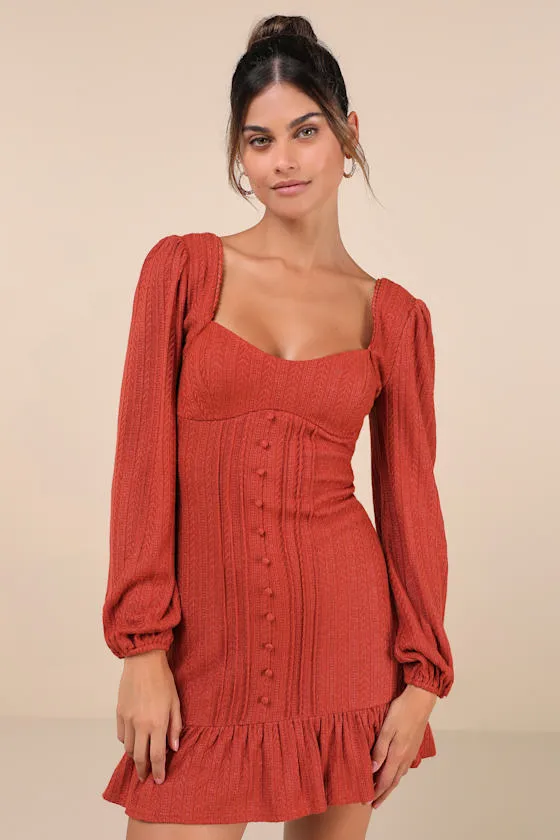 Coveted Sweetness Rust Pointelle Knit Long Sleeve Mini Dress sold by Lulus