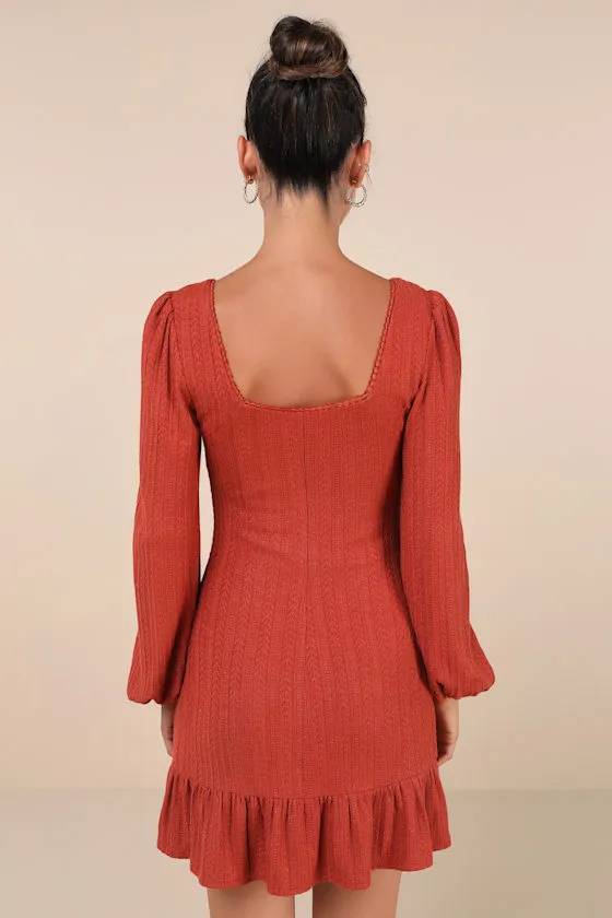 Coveted Sweetness Rust Pointelle Knit Long Sleeve Mini Dress sold by Lulus product image thumbnail 2