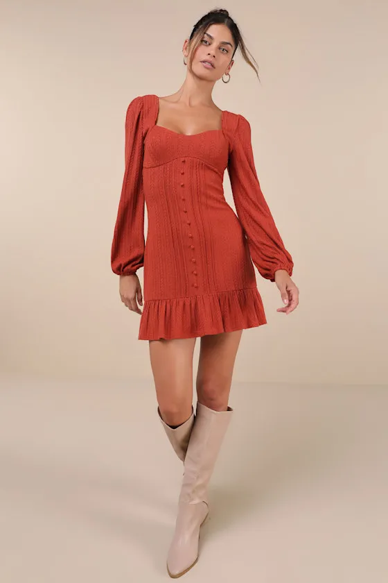 Coveted Sweetness Rust Pointelle Knit Long Sleeve Mini Dress sold by Lulus product image thumbnail 3