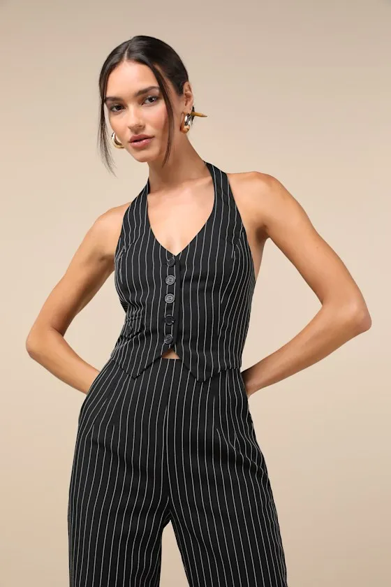 Pur-Suit of Chic Black and White Pinstripe Vest Top sold by Lulus