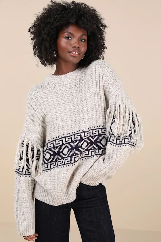 Modern Coziness Light Grey Fair Isle Fringe Oversized Sweater sold by Lulus