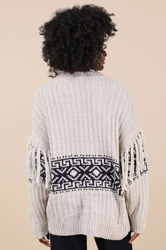 Modern Coziness Light Grey Fair Isle Fringe Oversized Sweater sold by Lulus product image thumbnail 2