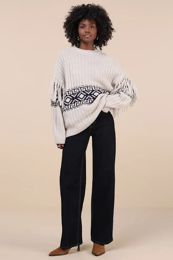 Modern Coziness Light Grey Fair Isle Fringe Oversized Sweater sold by Lulus product image thumbnail 3