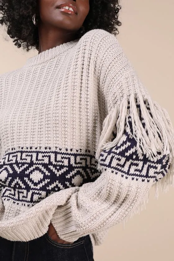 Modern Coziness Light Grey Fair Isle Fringe Oversized Sweater sold by Lulus product image thumbnail 4