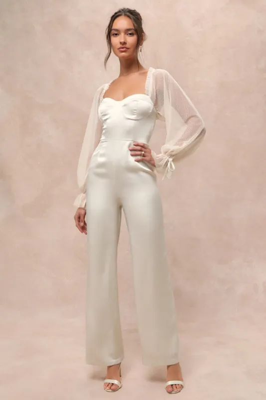 Gracefully Modern Ivory Satin Mesh Long Sleeve Bustier Jumpsuit sold by Lulus