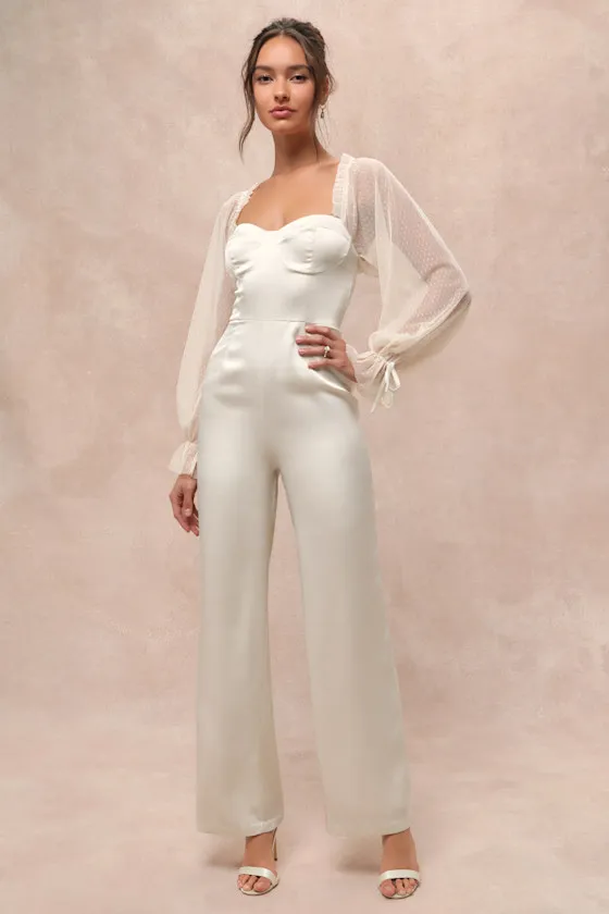 Gracefully Modern Ivory Satin Mesh Long Sleeve Bustier Jumpsuit sold by Lulus