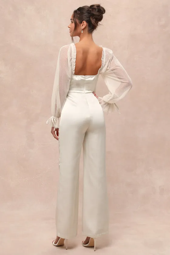 Gracefully Modern Ivory Satin Mesh Long Sleeve Bustier Jumpsuit sold by Lulus product image thumbnail 2