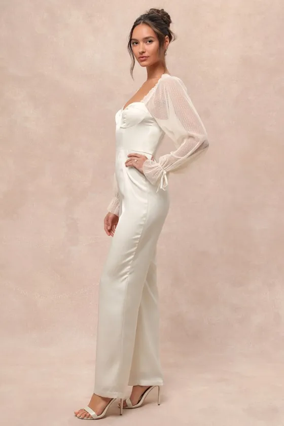 Gracefully Modern Ivory Satin Mesh Long Sleeve Bustier Jumpsuit sold by Lulus product image thumbnail 3