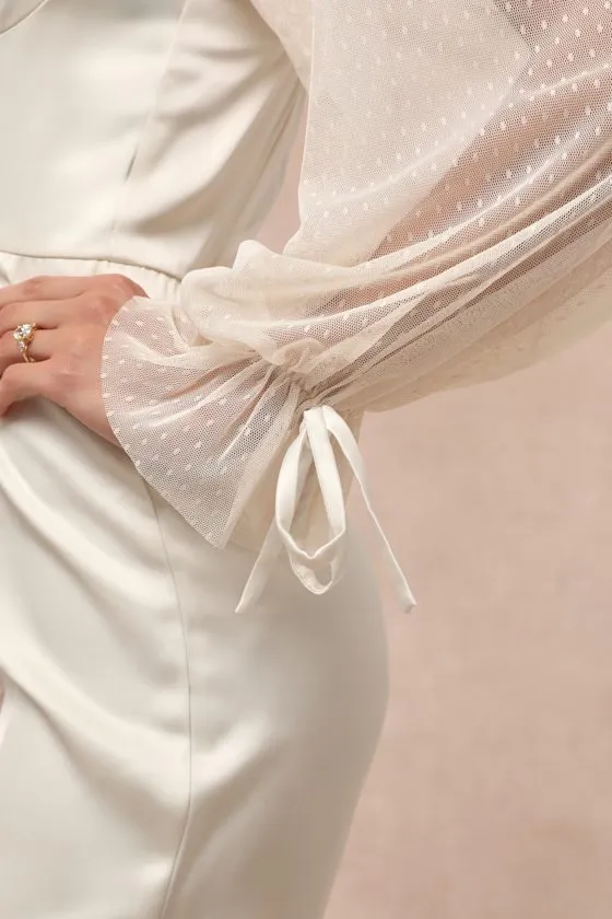 Gracefully Modern Ivory Satin Mesh Long Sleeve Bustier Jumpsuit sold by Lulus product image thumbnail 4