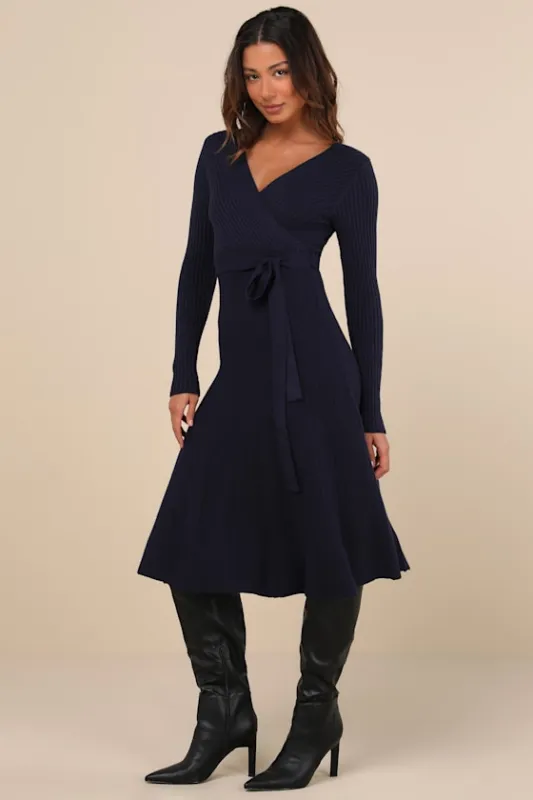 Warm Emotions Navy Blue Skater Midi Sweater Dress sold by Lulus