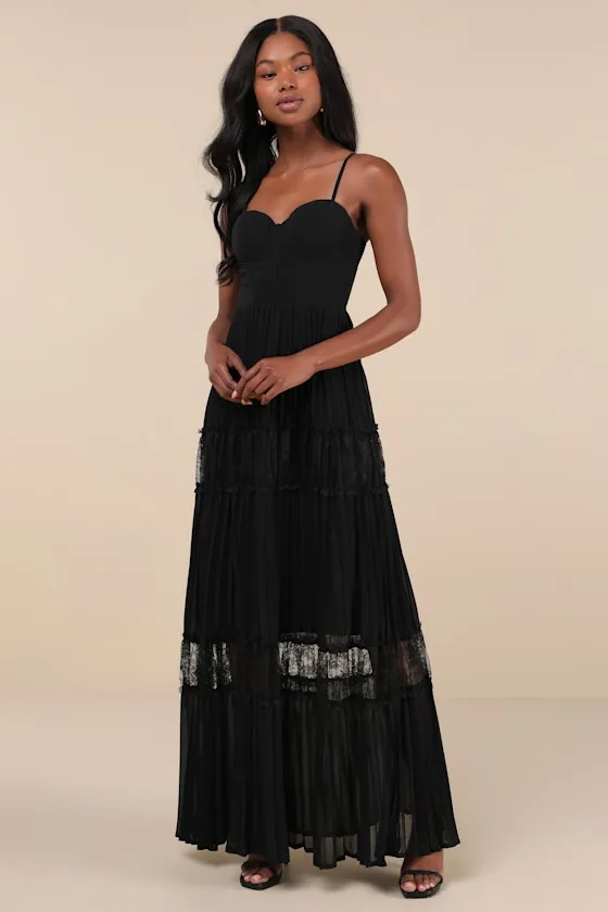 Stunning RSVP Black Pleated Lace Sleeveless Bustier Maxi Dress sold by Lulus