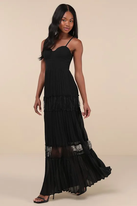 Stunning RSVP Black Pleated Lace Sleeveless Bustier Maxi Dress sold by Lulus product image thumbnail 4