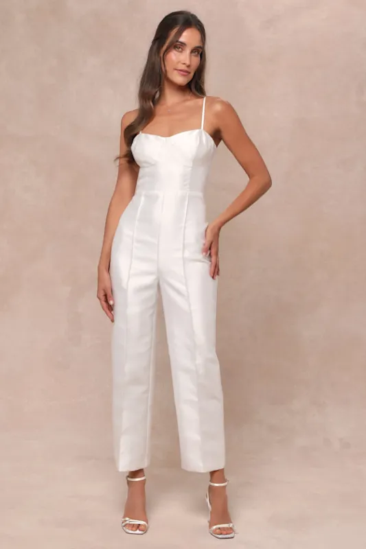 Contemporary Pose White Taffeta Bustier Sleeveless Jumpsuit sold by Lulus