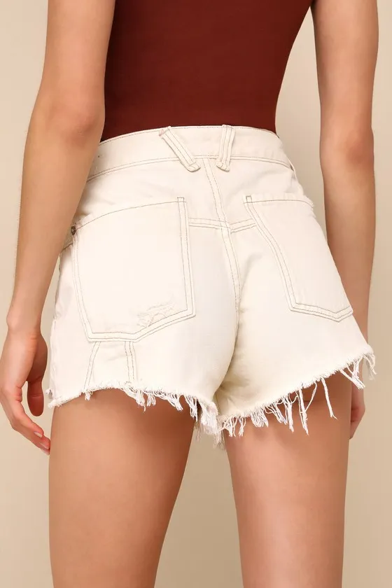 Now or Never Ecru High-Rise Distressed Denim Shorts sold by Lulus product image thumbnail 2