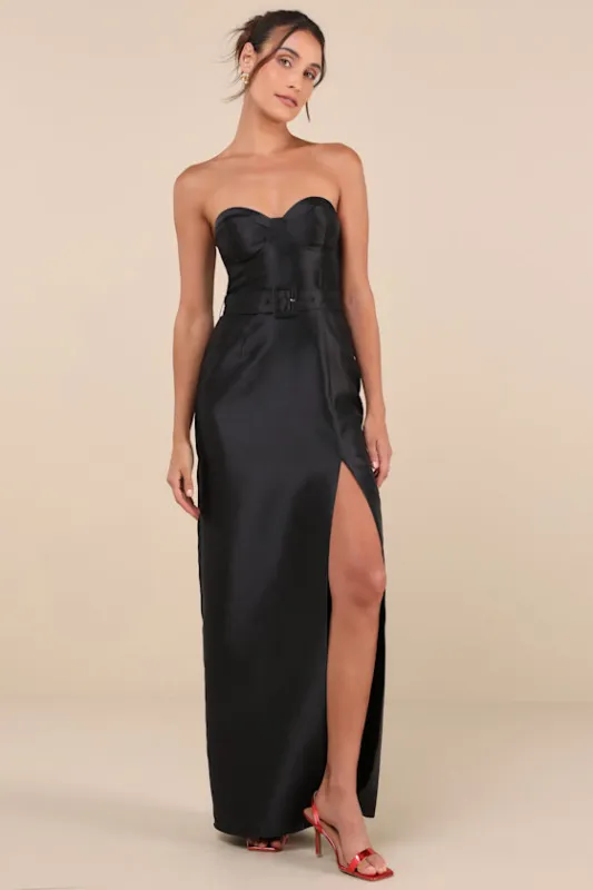 Luxe Sweetie Black Taffeta Belted Strapless Maxi Dress made by Lulus