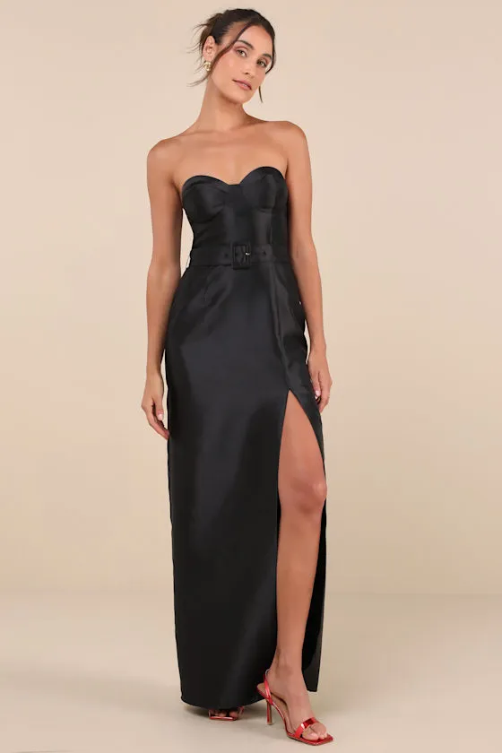 Luxe Sweetie Black Taffeta Belted Strapless Maxi Dress sold by Lulus