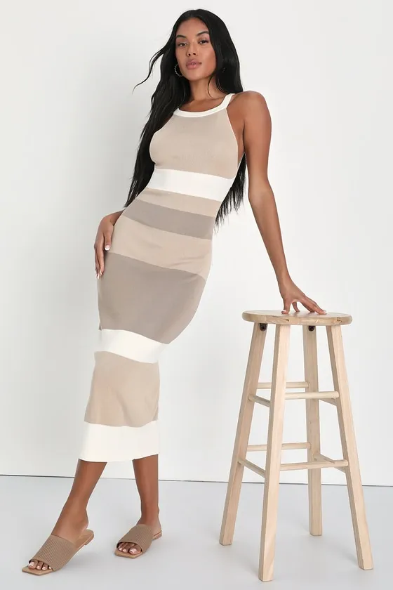 Chic Obsession Beige Striped Tie-Back Sleeveless Sweater Dress sold by Lulus