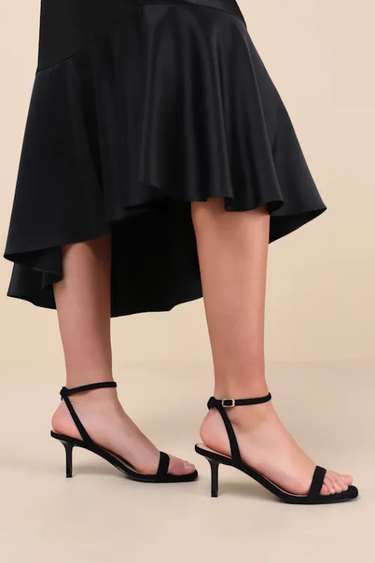 Ensley Black Suede Kitten Heel Ankle Strap Sandals sold by Lulus