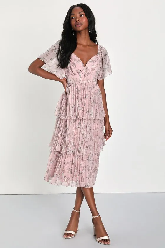 Gentle Charm Mauve Floral Print Pleated Tiered Midi Dress sold by Lulus