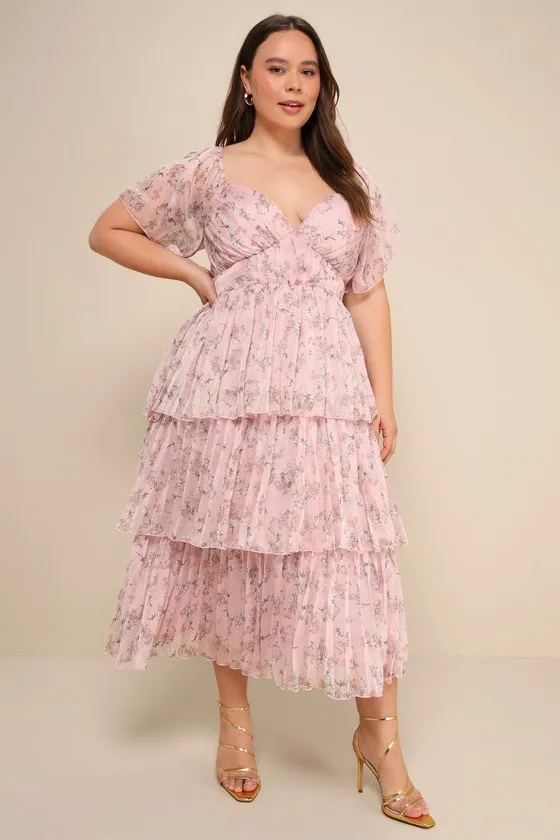 Gentle Charm Mauve Floral Print Pleated Tiered Midi Dress sold by Lulus product image thumbnail 2