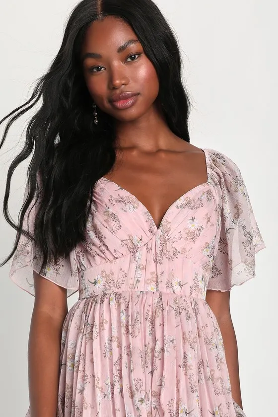 Gentle Charm Mauve Floral Print Pleated Tiered Midi Dress sold by Lulus product image thumbnail 3