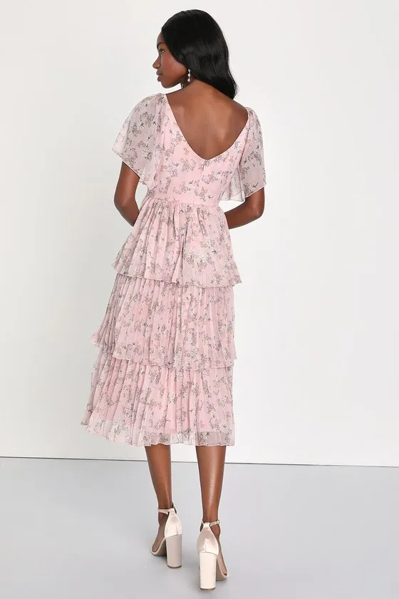 Gentle Charm Mauve Floral Print Pleated Tiered Midi Dress sold by Lulus product image thumbnail 4
