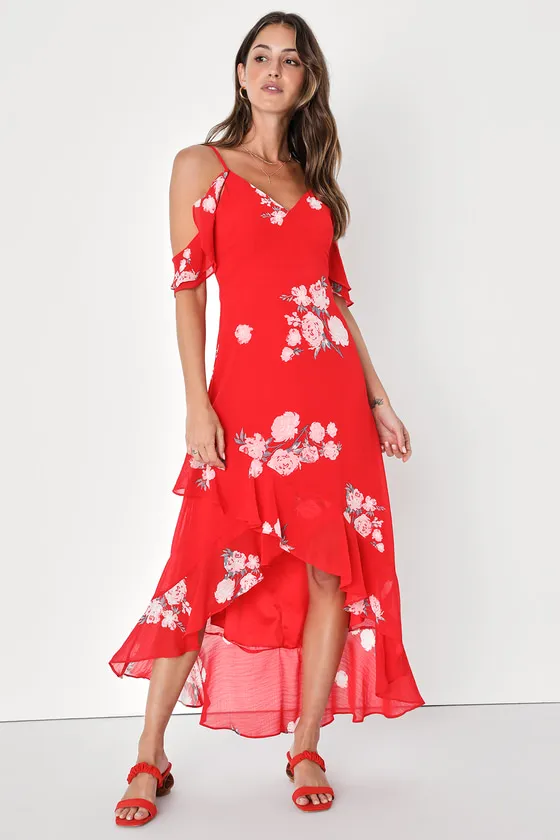 Love in Bloom Red Floral Print Off-the-Shoulder High-Low Dress sold by Lulus