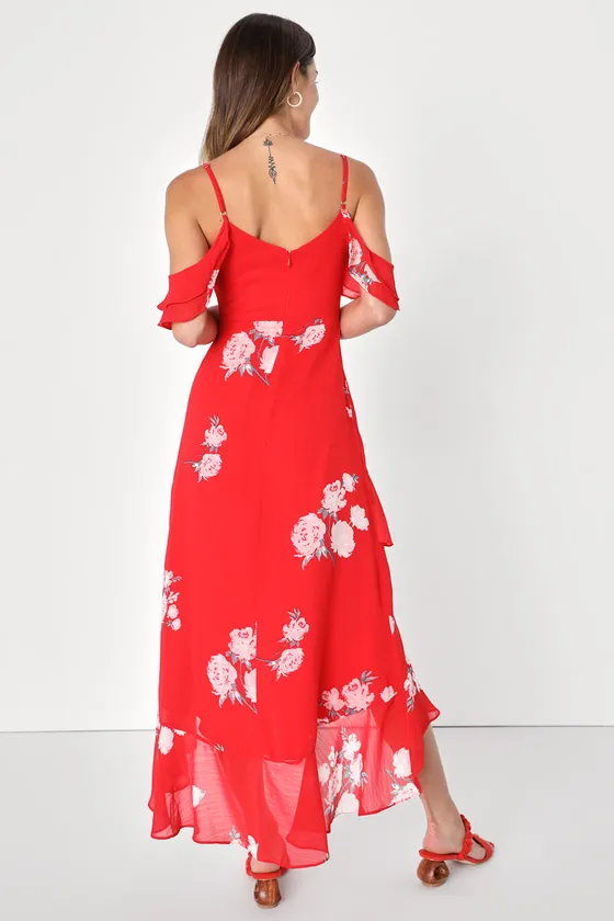 Love in Bloom Red Floral Print Off-the-Shoulder High-Low Dress sold by Lulus product image thumbnail 2