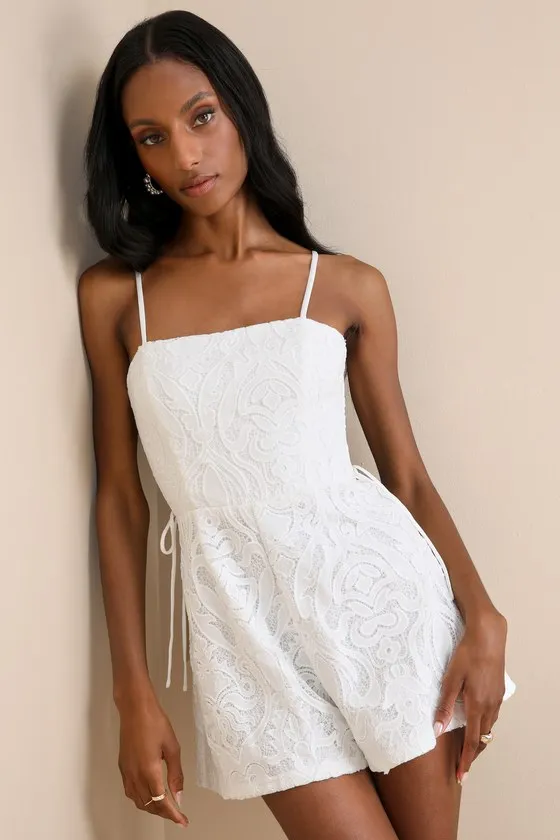 Exceedingly Poised White Lace Sleeveless Lace-Up Romper sold by Lulus