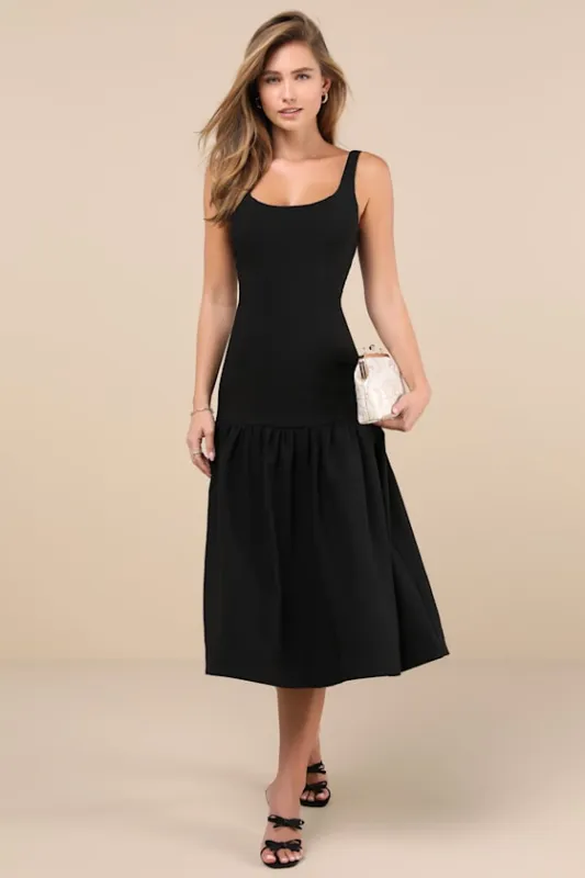 Elegant Influence Black Sleeveless Drop Waist Midi Dress sold by Lulus