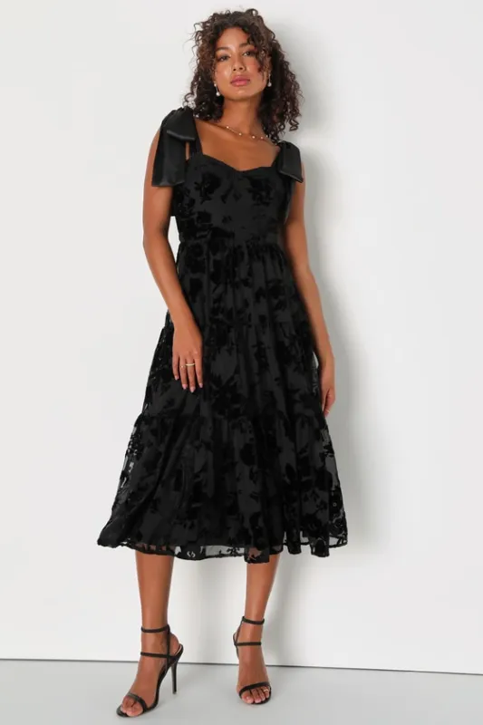 Sweet Essence Black Floral Burnout Velvet Tie-Strap Midi Dress sold by Lulus