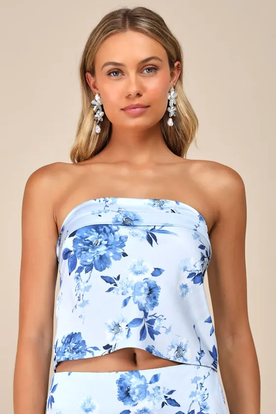 Charming Excellence Light Blue Floral Satin Crop Top sold by Lulus