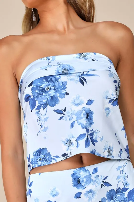 Charming Excellence Light Blue Floral Satin Crop Top sold by Lulus product image thumbnail 4