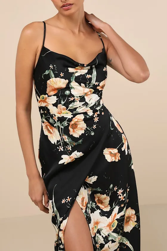 Sunny Blossom Black Floral Print Satin Cowl Neck Midi Dress sold by Lulus product image thumbnail 2