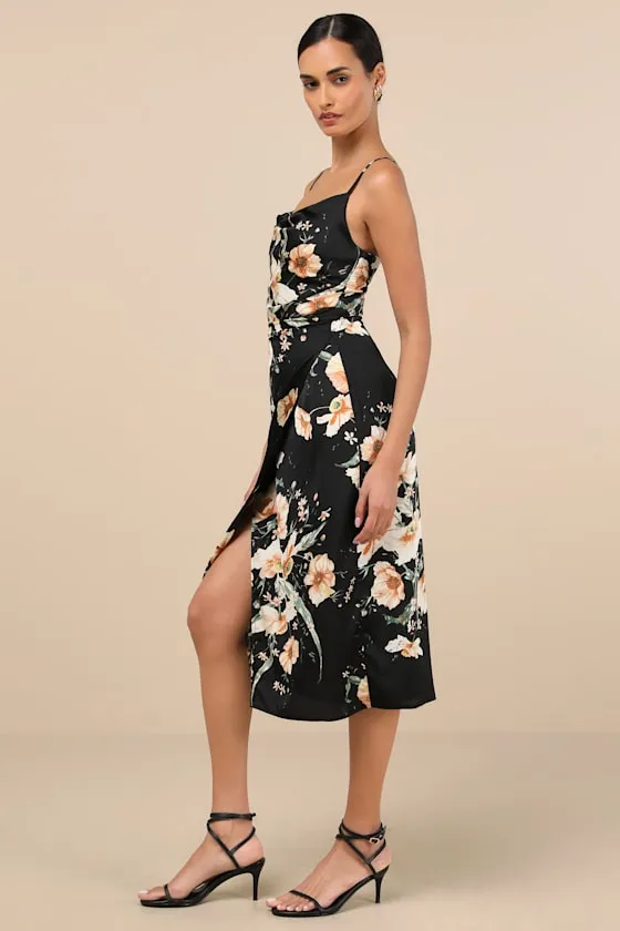 Sunny Blossom Black Floral Print Satin Cowl Neck Midi Dress sold by Lulus product image thumbnail 3