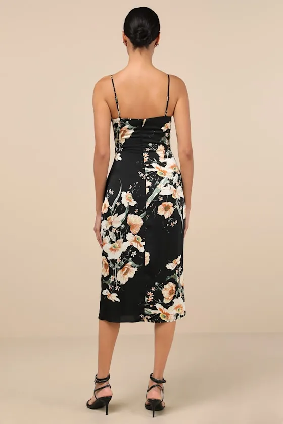 Sunny Blossom Black Floral Print Satin Cowl Neck Midi Dress sold by Lulus product image thumbnail 4