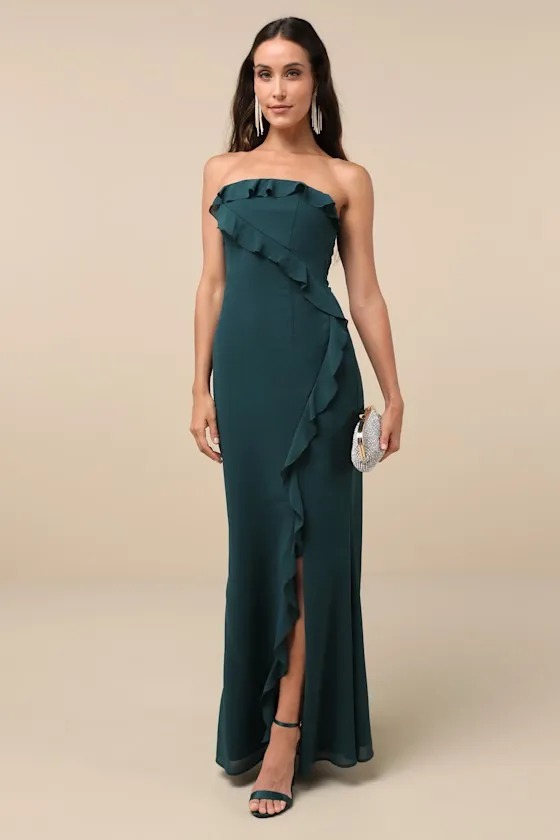 Excellent Sensation Green Strapless Ruffled Maxi Dress sold by Lulus