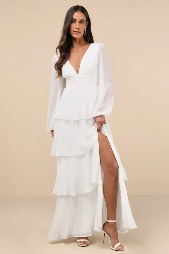 Graceful Finesse White Pleated Long Sleeve Maxi Dress sold by Lulus