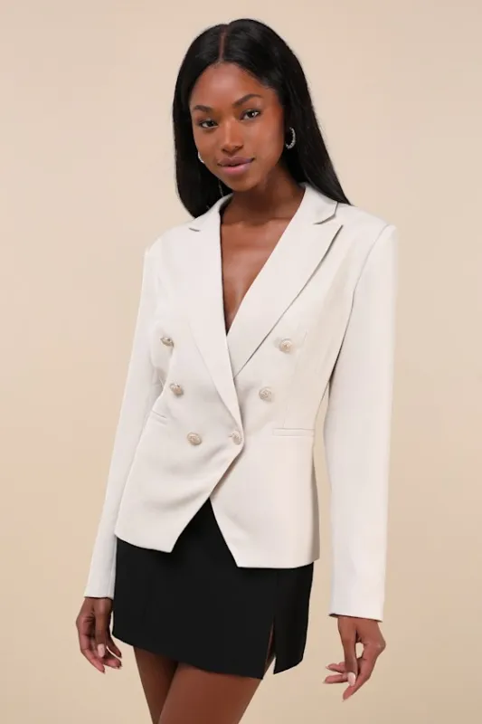 Major Poise Beige Twill Double-Breasted Blazer sold by Lulus