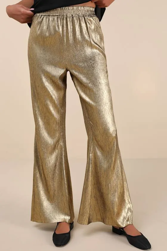 Party Personality Gold Textured Flare Pants sold by Lulus