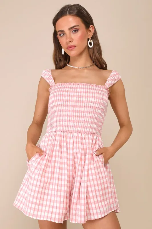Adorable Girly Ivory and Pink Gingham Smocked Sleeveless Romper sold by Lulus