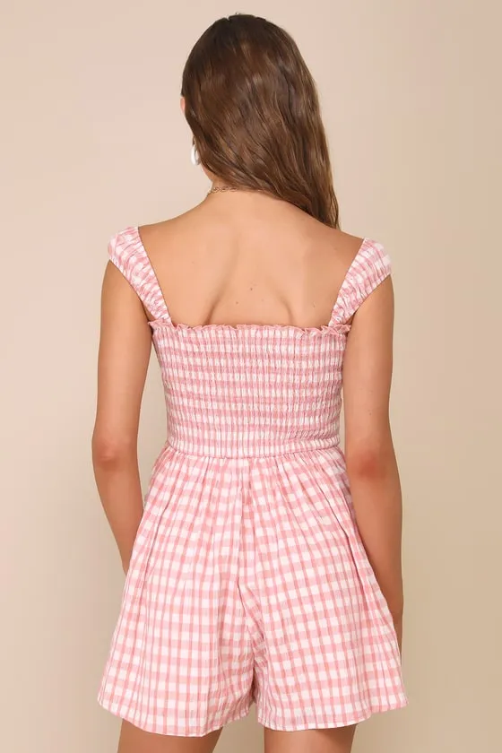 Adorable Girly Ivory and Pink Gingham Smocked Sleeveless Romper sold by Lulus product image thumbnail 2