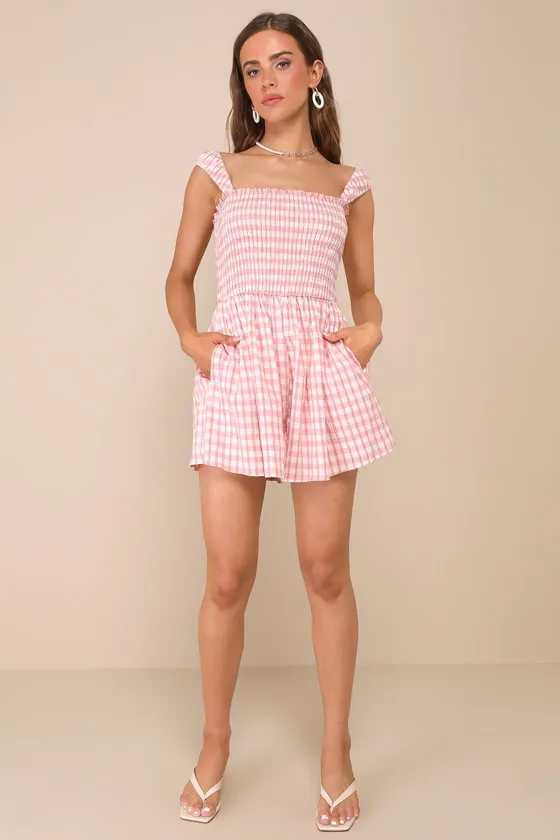Adorable Girly Ivory and Pink Gingham Smocked Sleeveless Romper sold by Lulus product image thumbnail 3