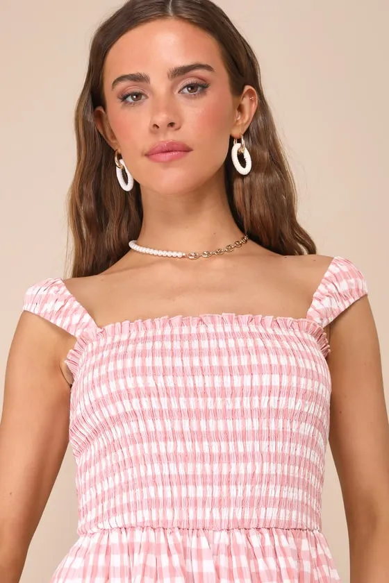 Adorable Girly Ivory and Pink Gingham Smocked Sleeveless Romper sold by Lulus product image thumbnail 4