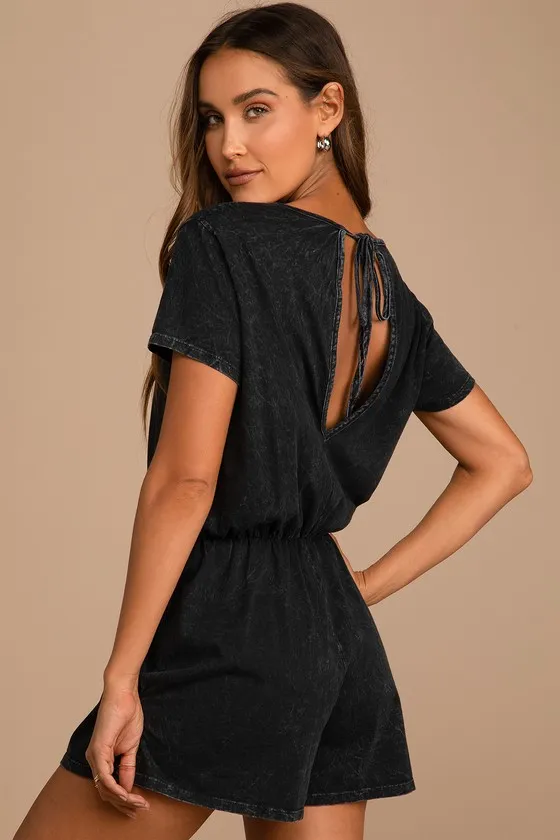 Casual Cutie Washed Black Short Sleeve Romper sold by Lulus