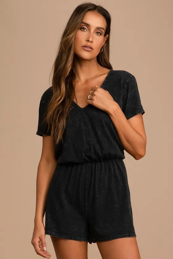 Casual Cutie Washed Black Short Sleeve Romper sold by Lulus product image thumbnail 2