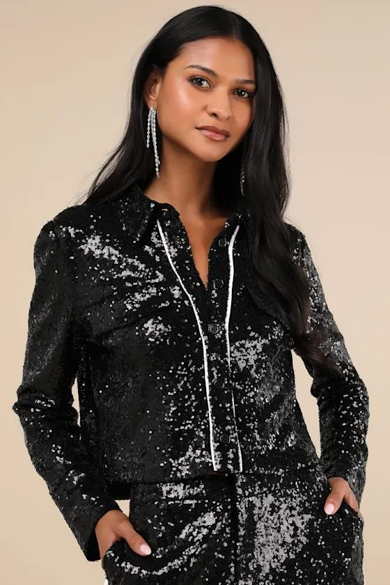 Sparkly Mood Black Sequin Collared Crop Top sold by Lulus