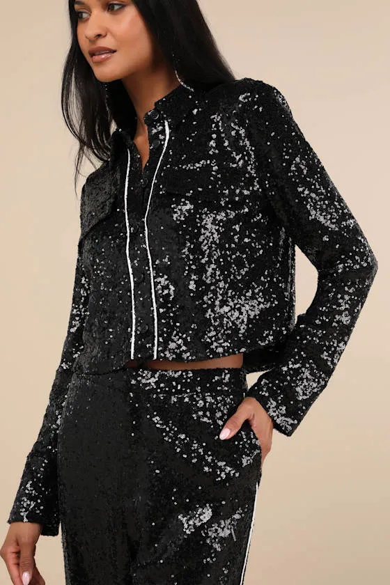 Sparkly Mood Black Sequin Collared Crop Top sold by Lulus product image thumbnail 4